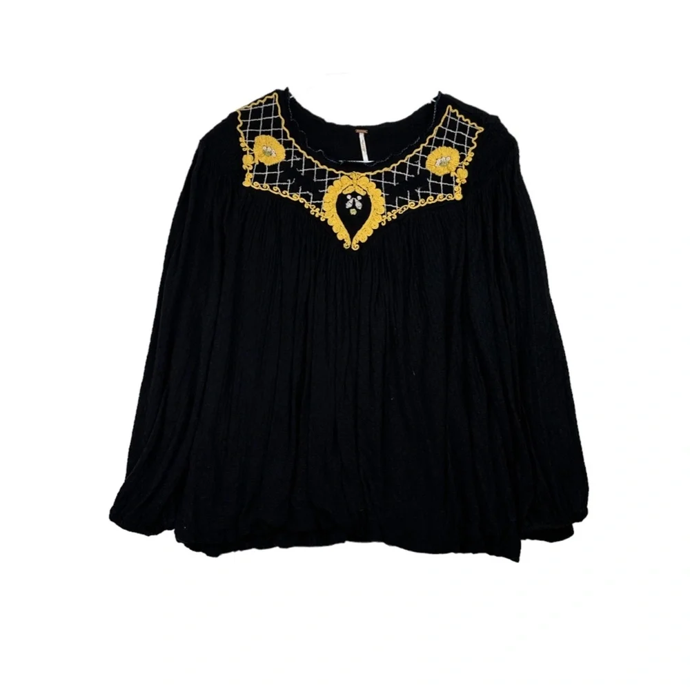 Free‎ People Begonia Black Embroidered Top M